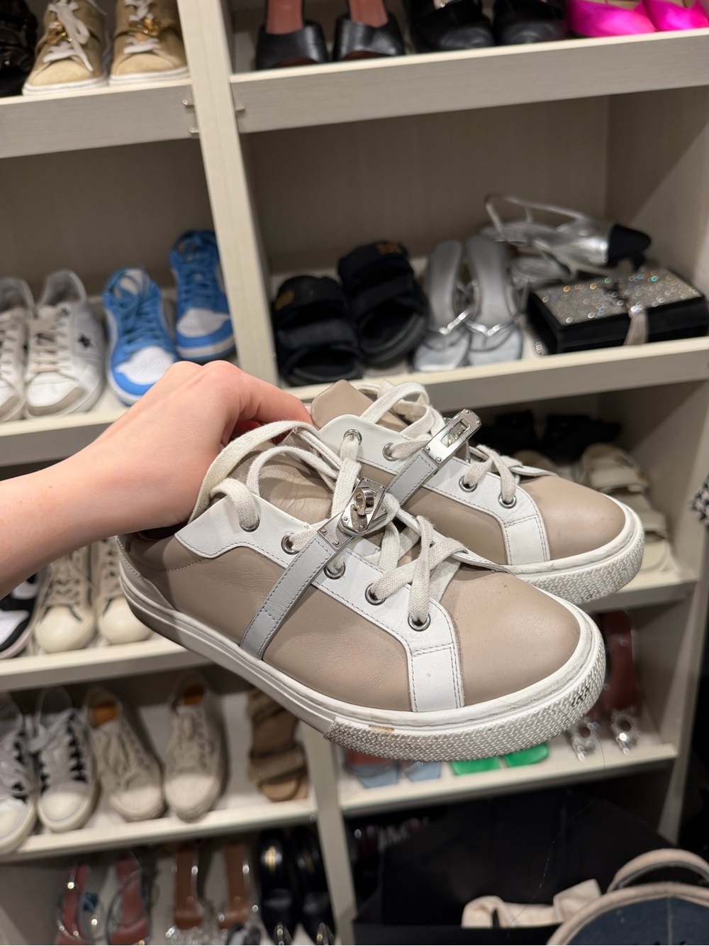 Hermes Beige and White Leather Sneakers